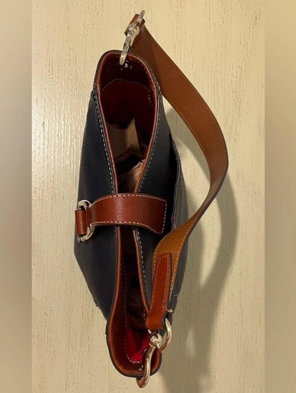 Dooney & Bourke Emerson Brynn Pebbled Navy W/British Tan Leather Hobo Bucket Bag